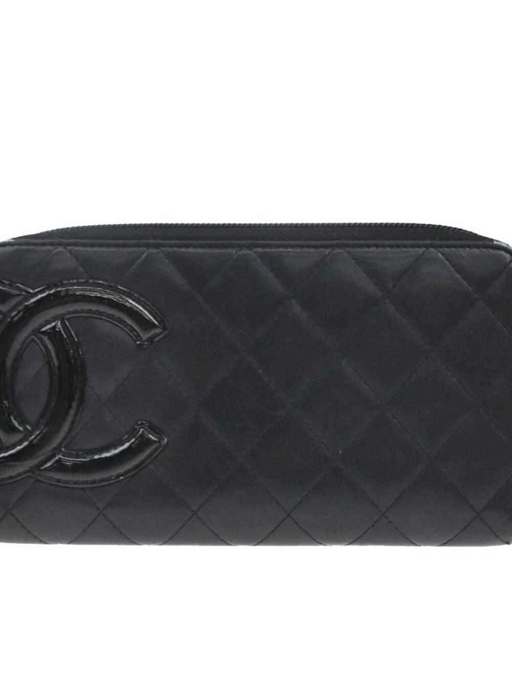 CHANEL CC Cambon Long Zipper Bifold Wallet Patent Leather Black SHW 38KP014